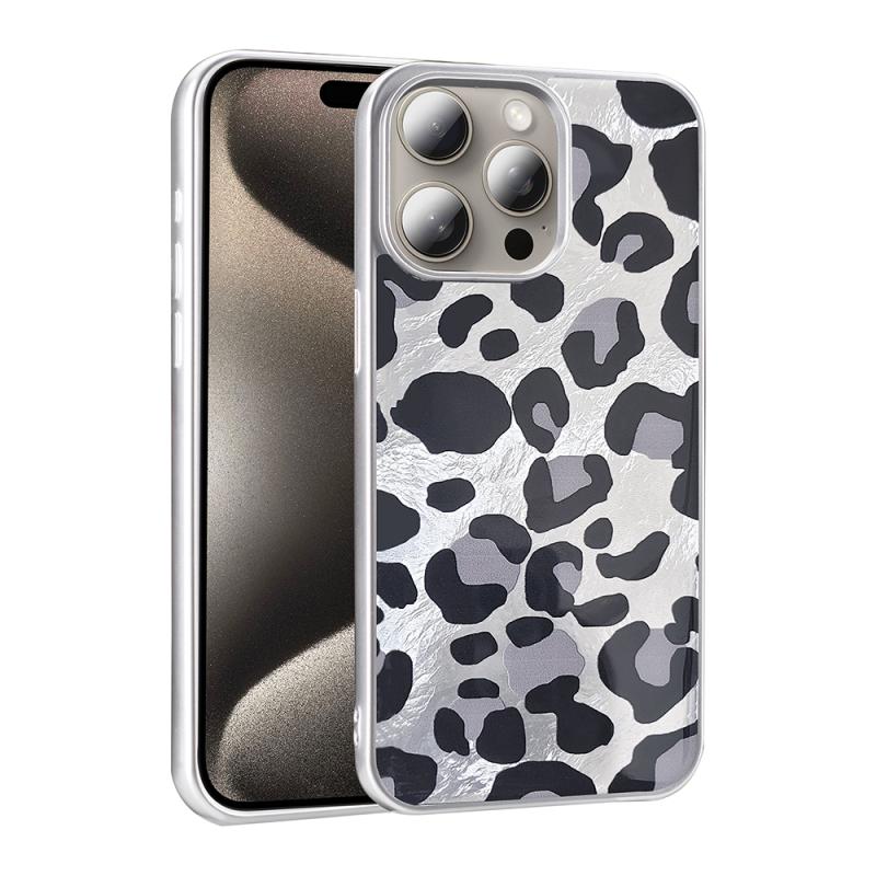 iPhone Uyumlu 15 Pro Max Kılıf Desenli Zore Mep Kapak-Gri leopar