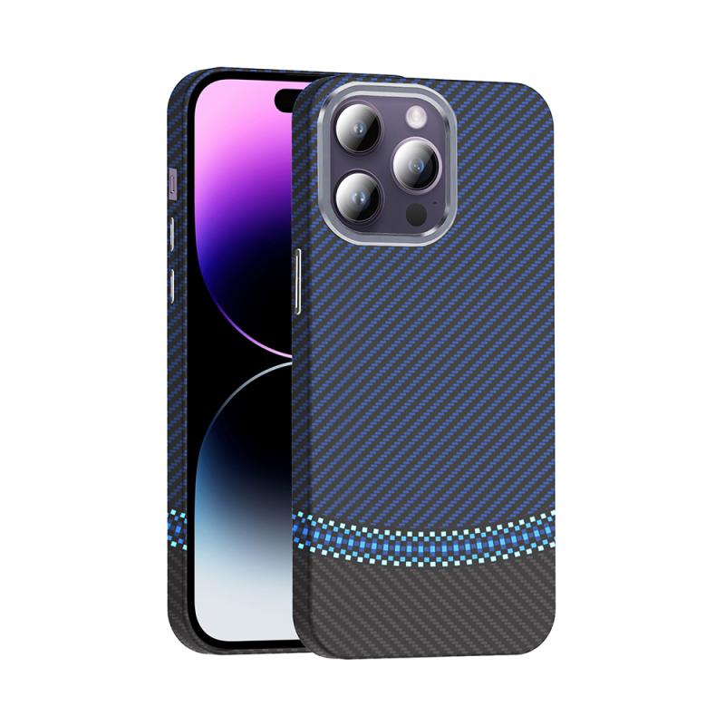 iPhone Uyumlu 14 Pro Max Kılıf M-safe Şarj Özellikli Karbon Fiber Görünümlü Zore Gros Kapak-Siyah-lacivert