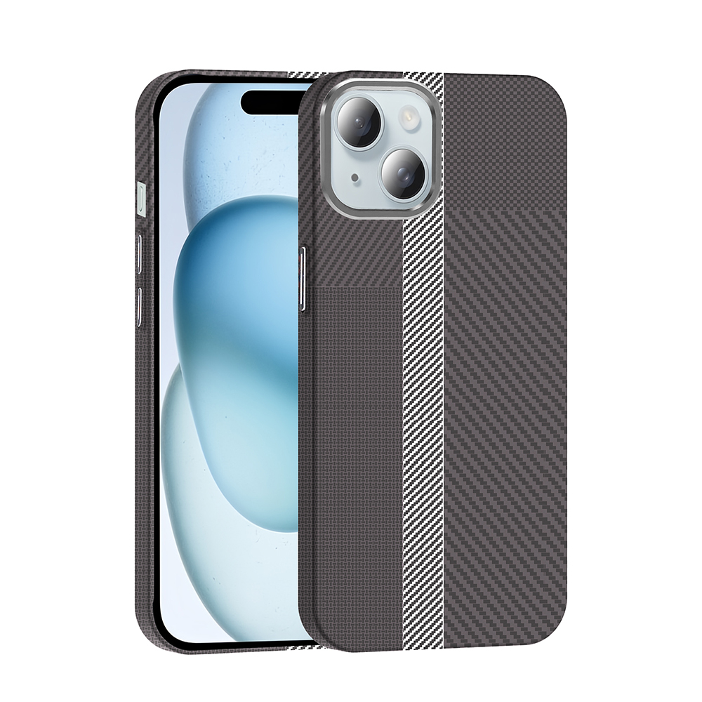iPhone Uyumlu 15 Kılıf M-safe Şarj Özellikli Karbon Fiber Görünümlü Zore Gros Kapak-Gri-siyah
