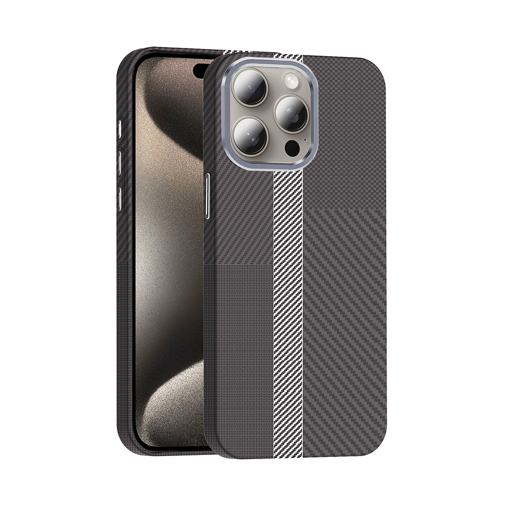 iPhone Uyumlu 15 Pro Kılıf M-safe Şarj Özellikli Karbon Fiber Görünümlü Zore Gros Kapak-Gri-siyah