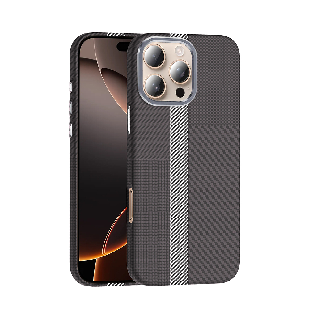 iPhone Uyumlu 16 Pro Max Kılıf M-safe Şarj Özellikli Karbon Fiber Görünümlü Zore Gros Kapak-Gri-siyah