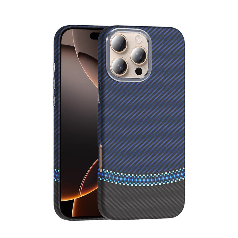 iPhone Uyumlu 16 Pro Max Kılıf M-safe Şarj Özellikli Karbon Fiber Görünümlü Zore Gros Kapak-Siyah-lacivert