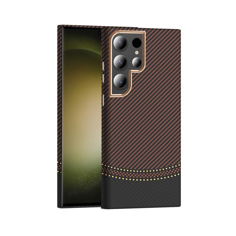 Galaxy Uyumlu S24 Ultra Kılıf M-safe Şarj Özellikli Karbon Fiber Görünümlü Zore Gros Kapak-Gold-siyah