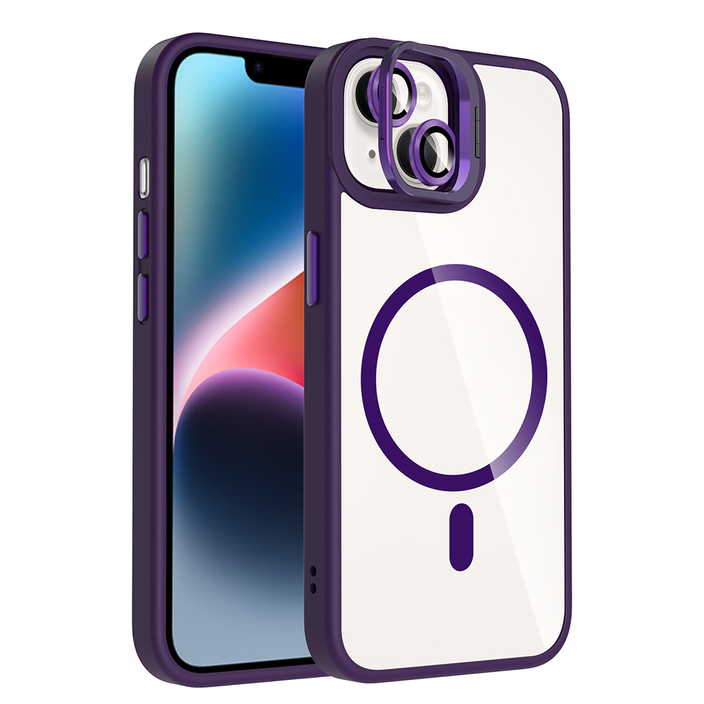 iPhone Uyumlu 13 Kılıf Standlı ve Kamera Lens Hediyeli M-Safe Şarj Özellikli Zore Etro Kapak-Derin mor