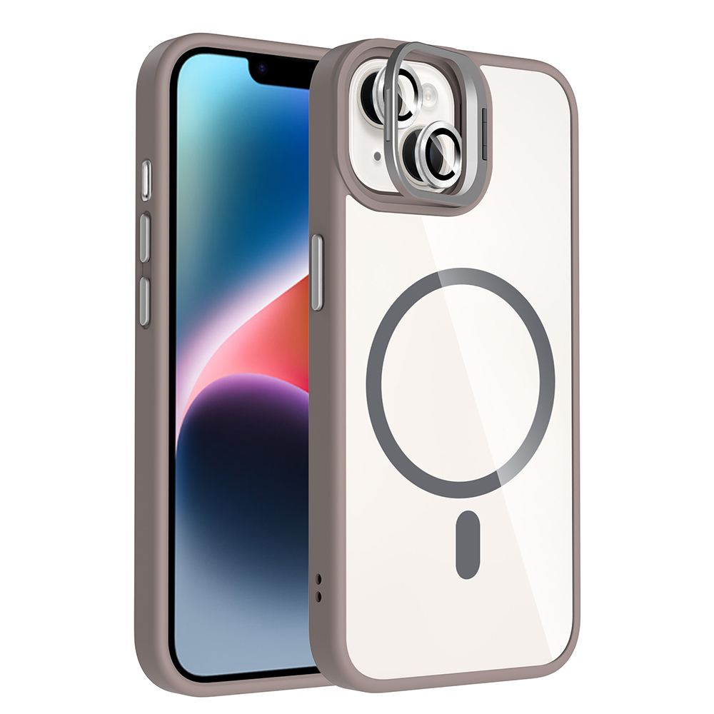iPhone Uyumlu 13 Kılıf Standlı ve Kamera Lens Hediyeli M-Safe Şarj Özellikli Zore Etro Kapak-Gri