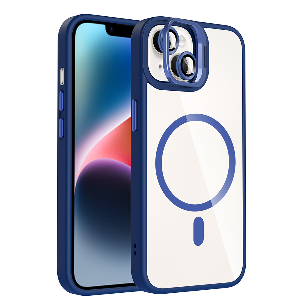 iPhone Uyumlu 13 Kılıf Standlı ve Kamera Lens Hediyeli M-Safe Şarj Özellikli Zore Etro Kapak-Lacivert