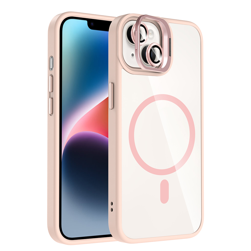 iPhone Uyumlu 14 Kılıf Standlı ve Kamera Lens Hediyeli M-Safe Şarj Özellikli Zore Etro Kapak-Pembe