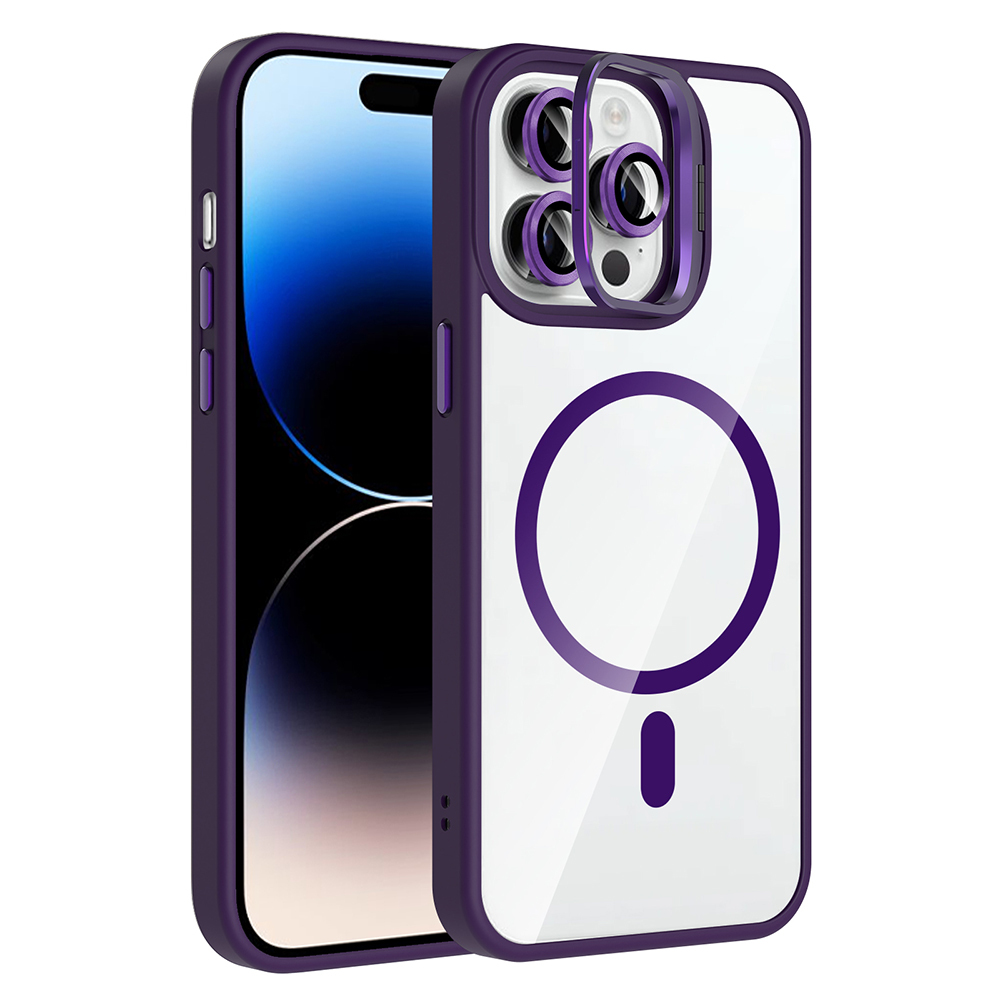 iPhone Uyumlu 14 Pro Max Kılıf Standlı ve Kamera Lens Hediyeli M-Safe Şarj Özellikli Zore Etro Kapak-Derin mor