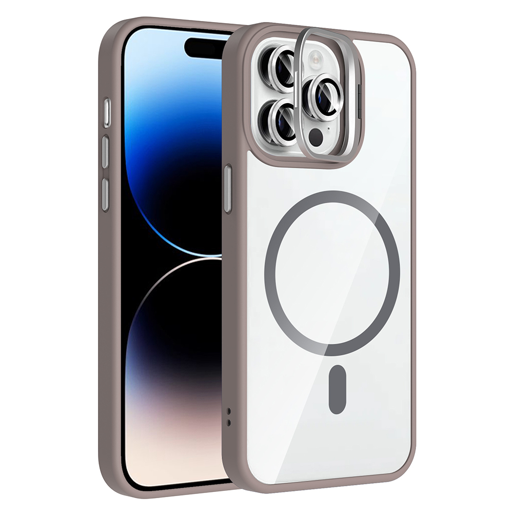iPhone Uyumlu 14 Pro Max Kılıf Standlı ve Kamera Lens Hediyeli M-Safe Şarj Özellikli Zore Etro Kapak-Gri