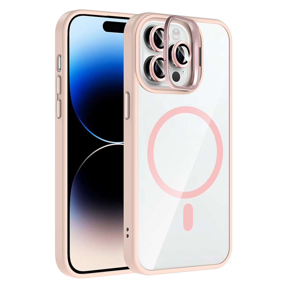 iPhone Uyumlu 14 Pro Max Kılıf Standlı ve Kamera Lens Hediyeli M-Safe Şarj Özellikli Zore Etro Kapak-Pembe