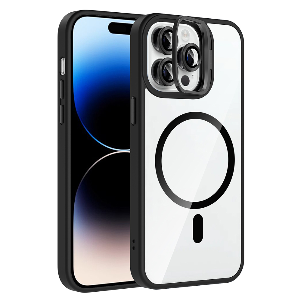 iPhone Uyumlu 14 Pro Max Kılıf Standlı ve Kamera Lens Hediyeli M-Safe Şarj Özellikli Zore Etro Kapak