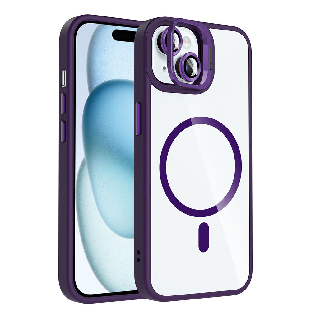 iPhone Uyumlu 15 Kılıf Standlı ve Kamera Lens Hediyeli M-Safe Şarj Özellikli Zore Etro Kapak-Derin mor
