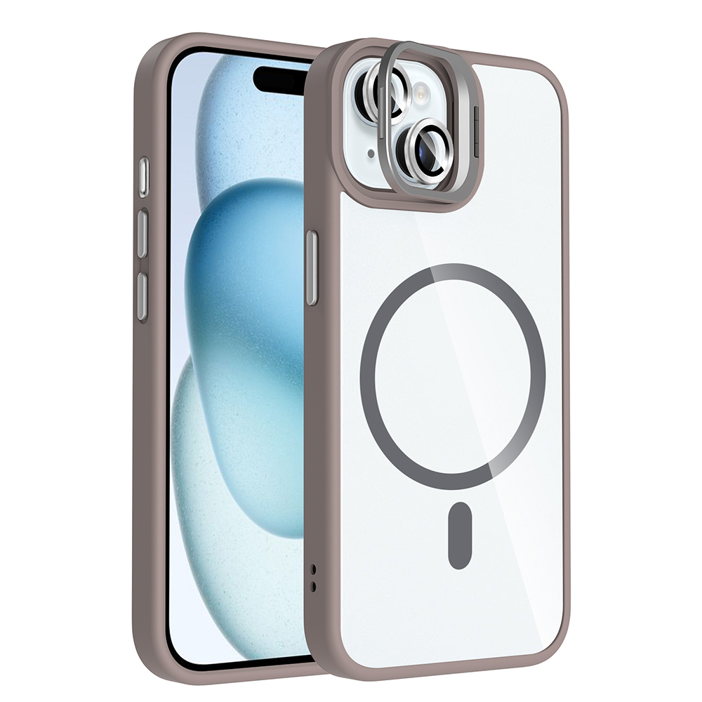 iPhone Uyumlu 15 Kılıf Standlı ve Kamera Lens Hediyeli M-Safe Şarj Özellikli Zore Etro Kapak-Gri