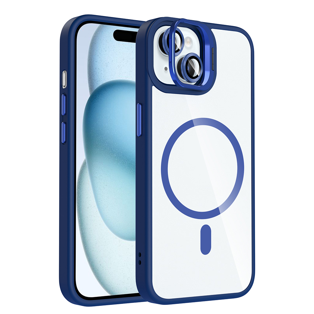 iPhone Uyumlu 15 Kılıf Standlı ve Kamera Lens Hediyeli M-Safe Şarj Özellikli Zore Etro Kapak-Lacivert