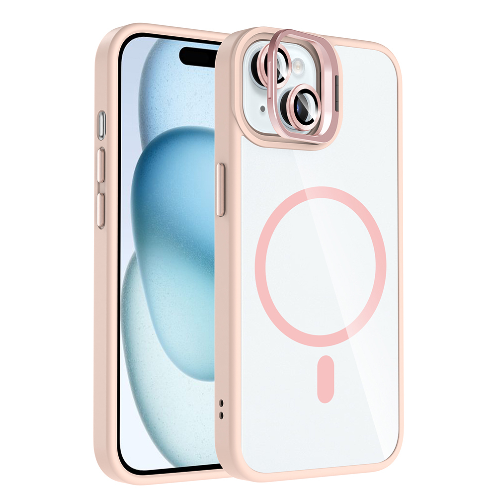 iPhone Uyumlu 15 Kılıf Standlı ve Kamera Lens Hediyeli M-Safe Şarj Özellikli Zore Etro Kapak-Pembe