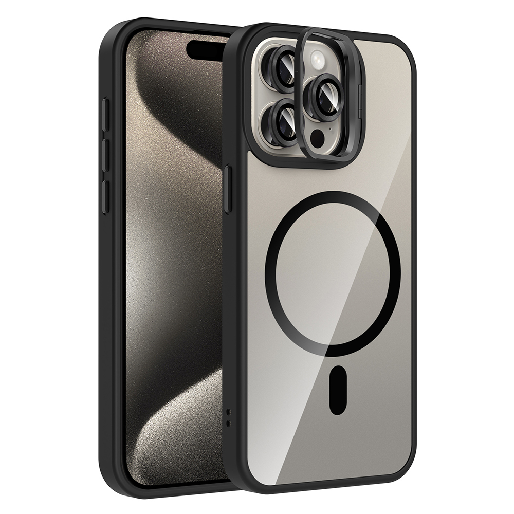 iPhone Uyumlu 15 Pro Kılıf Standlı ve Kamera Lens Hediyeli M-Safe Şarj Özellikli Zore Etro Kapak