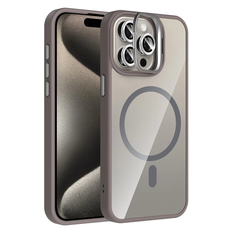 iPhone Uyumlu 15 Pro Max Kılıf Standlı ve Kamera Lens Hediyeli M-Safe Şarj Özellikli Zore Etro Kapak