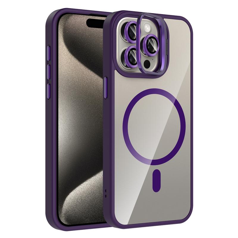 iPhone Uyumlu 15 Pro Max Kılıf Standlı ve Kamera Lens Hediyeli M-Safe Şarj Özellikli Zore Etro Kapak-Derin mor