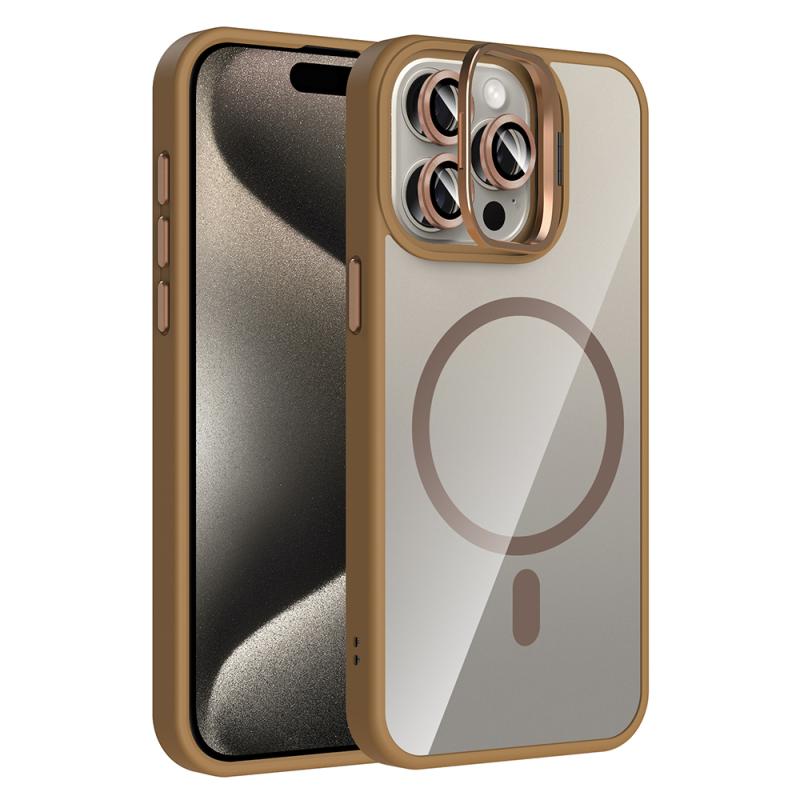 iPhone Uyumlu 15 Pro Max Kılıf Standlı ve Kamera Lens Hediyeli M-Safe Şarj Özellikli Zore Etro Kapak-Desert titanyum
