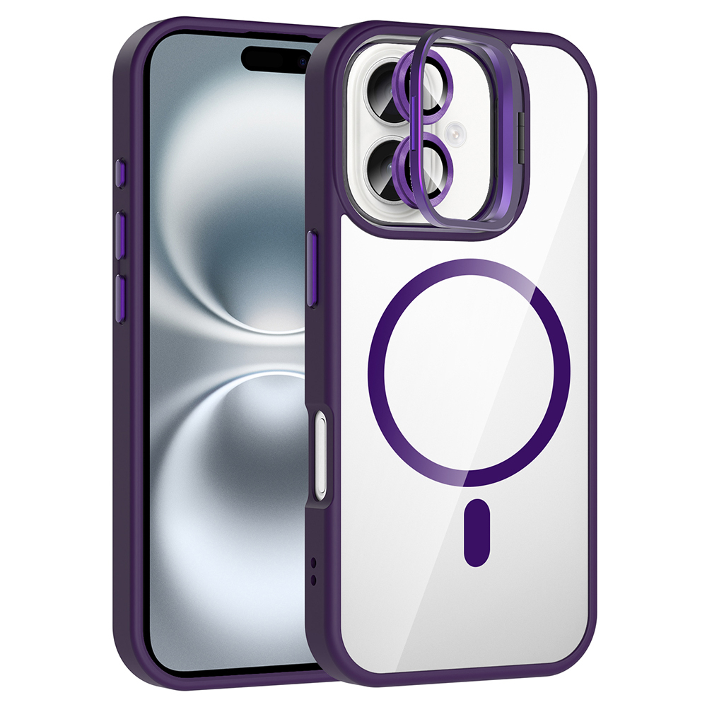 iPhone Uyumlu 16 Kılıf Standlı ve Kamera Lens Hediyeli M-Safe Şarj Özellikli Zore Etro Kapak-Derin mor