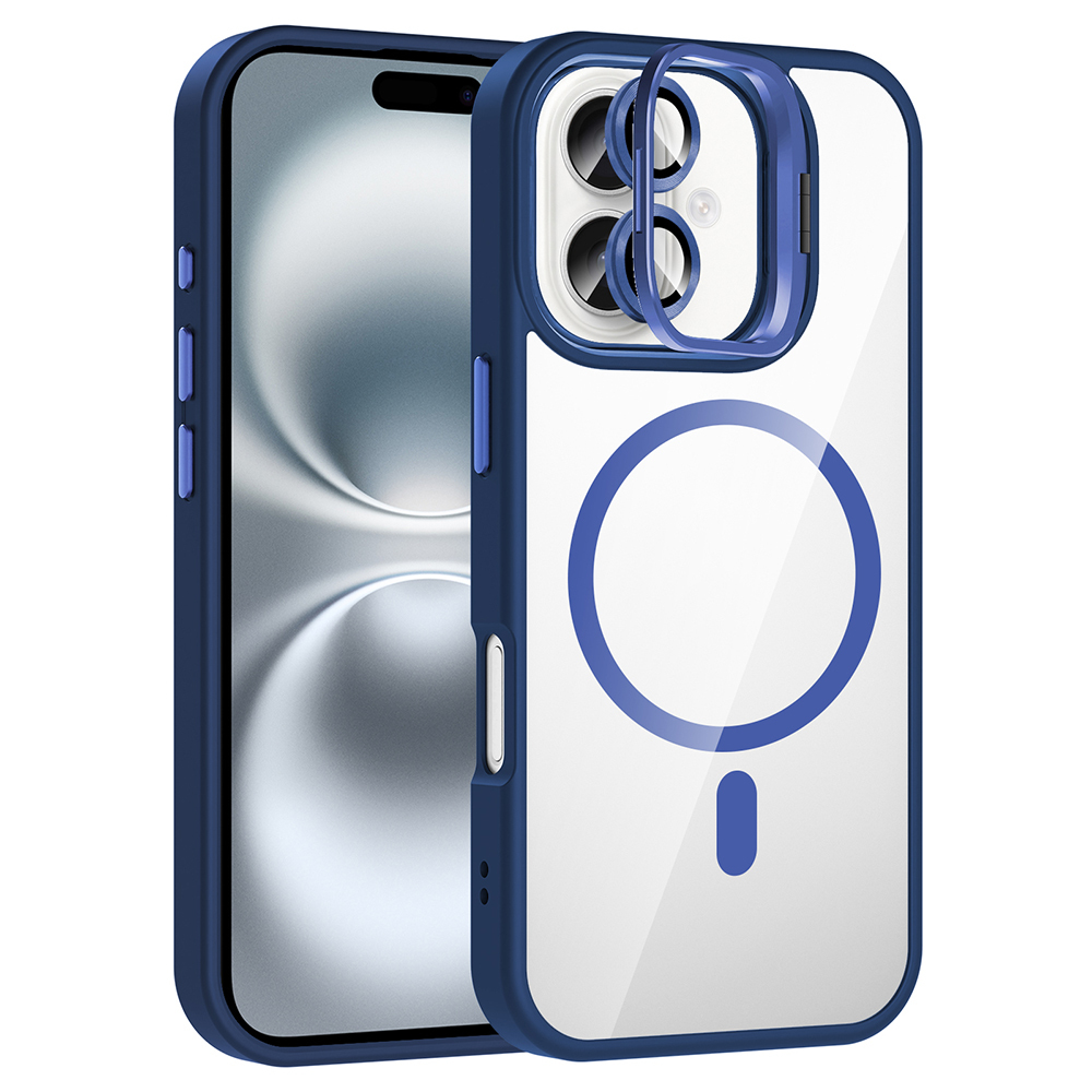iPhone Uyumlu 16 Kılıf Standlı ve Kamera Lens Hediyeli M-Safe Şarj Özellikli Zore Etro Kapak-Lacivert