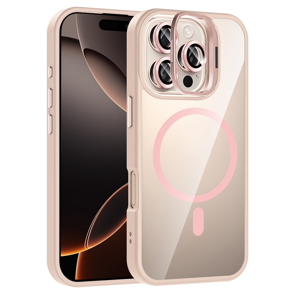 iPhone Uyumlu 16 Pro Kılıf Standlı ve Kamera Lens Hediyeli M-Safe Şarj Özellikli Zore Etro Kapak-Pembe