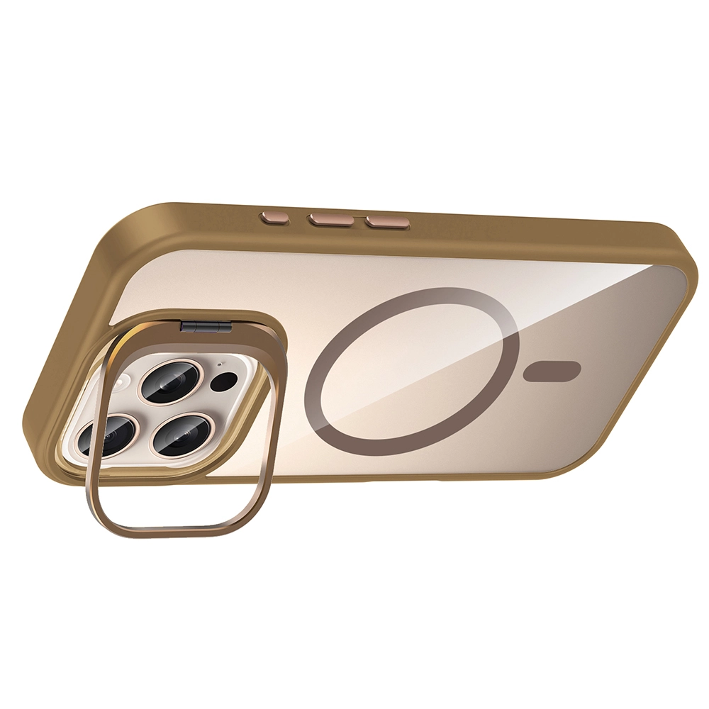 iPhone Uyumlu 16 Pro Max Kılıf Standlı ve Kamera Lens Hediyeli M-Safe Şarj Özellikli Zore Etro Kapak