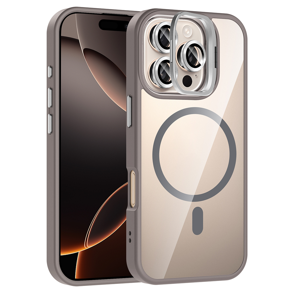 iPhone Uyumlu 16 Pro Max Kılıf Standlı ve Kamera Lens Hediyeli M-Safe Şarj Özellikli Zore Etro Kapak-Gri