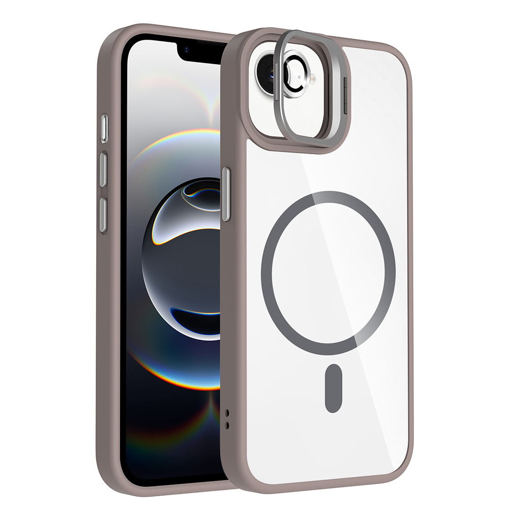 iPhone Uyumlu 16E Kılıf Standlı ve Kamera Lens Hediyeli M-Safe Şarj Özellikli Zore Etro Kapak-Gri