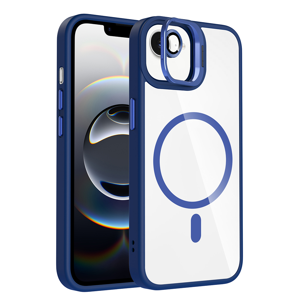 iPhone Uyumlu 16E Kılıf Standlı ve Kamera Lens Hediyeli M-Safe Şarj Özellikli Zore Etro Kapak-Lacivert