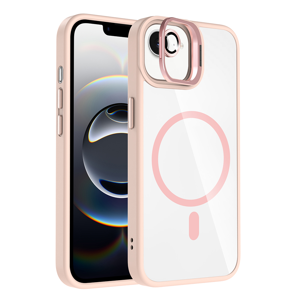 iPhone Uyumlu 16E Kılıf Standlı ve Kamera Lens Hediyeli M-Safe Şarj Özellikli Zore Etro Kapak-Pembe