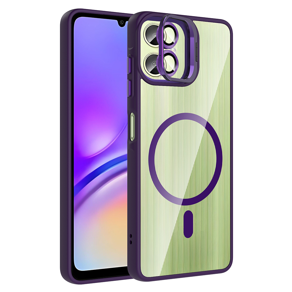 Galaxy Uyumlu A06 Kılıf Standlı ve Kamera Lens Hediyeli M-Safe Şarj Özellikli Zore Etro Kapak-Derin mor