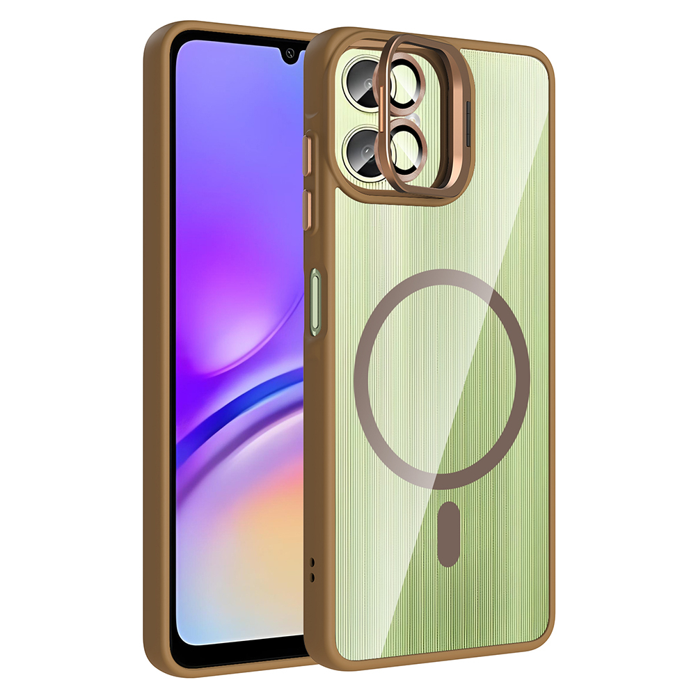 Galaxy Uyumlu A06 Kılıf Standlı ve Kamera Lens Hediyeli M-Safe Şarj Özellikli Zore Etro Kapak-Desert titanyum