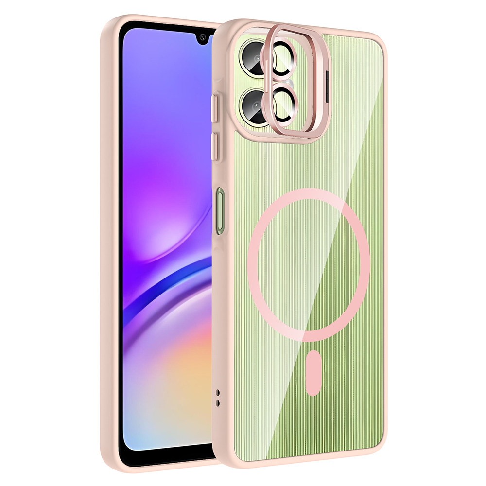 Galaxy Uyumlu A06 Kılıf Standlı ve Kamera Lens Hediyeli M-Safe Şarj Özellikli Zore Etro Kapak-Pembe