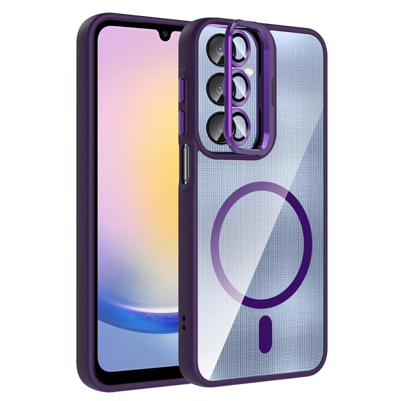Galaxy Uyumlu A16 Kılıf Standlı ve Kamera Lens Hediyeli M-Safe Şarj Özellikli Zore Etro Kapak-Derin mor