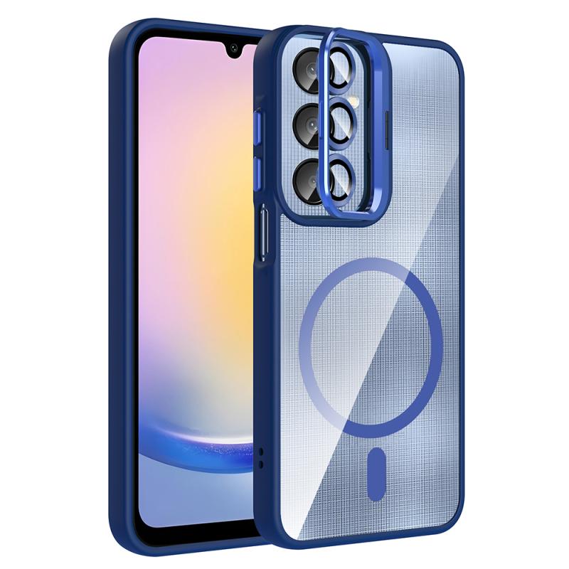 Galaxy Uyumlu A16 Kılıf Standlı ve Kamera Lens Hediyeli M-Safe Şarj Özellikli Zore Etro Kapak-Lacivert
