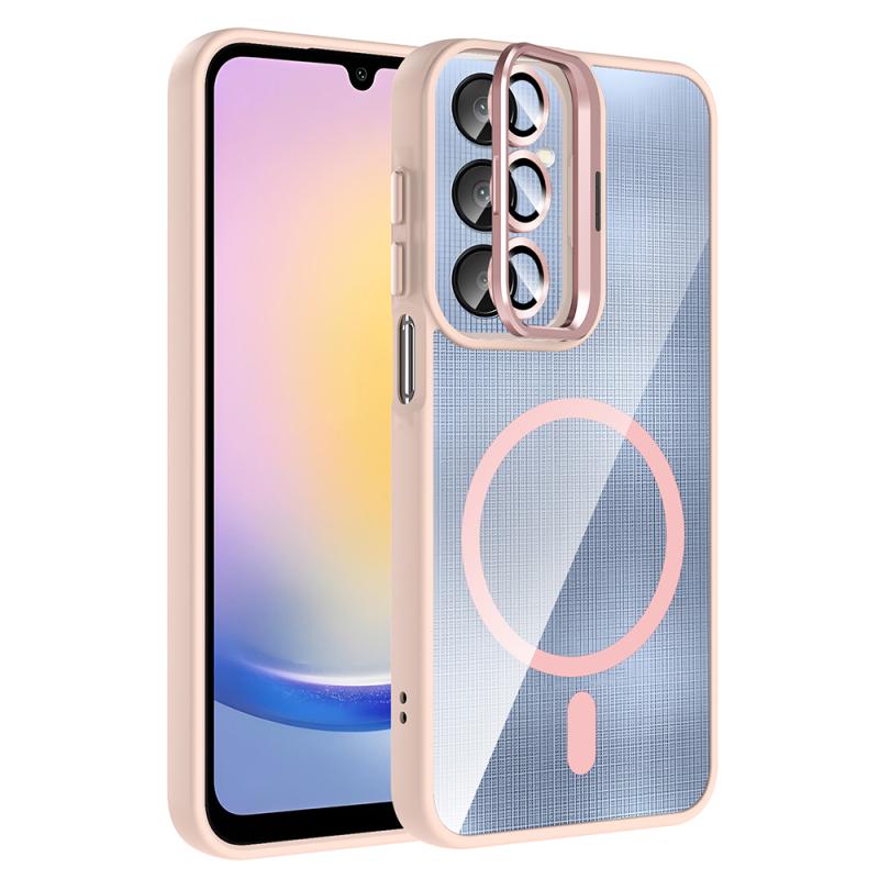 Galaxy Uyumlu A16 Kılıf Standlı ve Kamera Lens Hediyeli M-Safe Şarj Özellikli Zore Etro Kapak-Pembe
