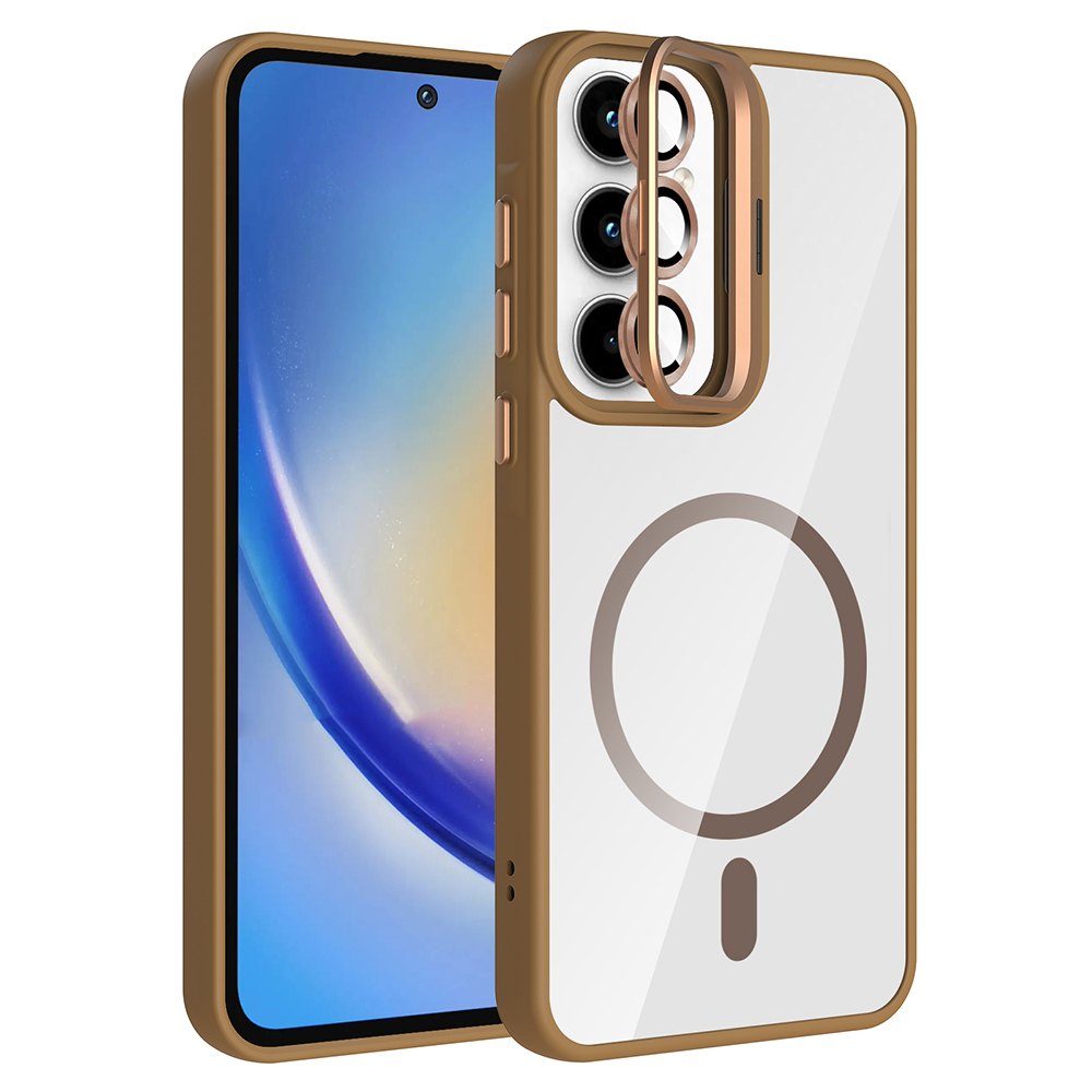 Galaxy Uyumlu A55 Kılıf Standlı ve Kamera Lens Hediyeli M-Safe Şarj Özellikli Zore Etro Kapak-Desert titanyum