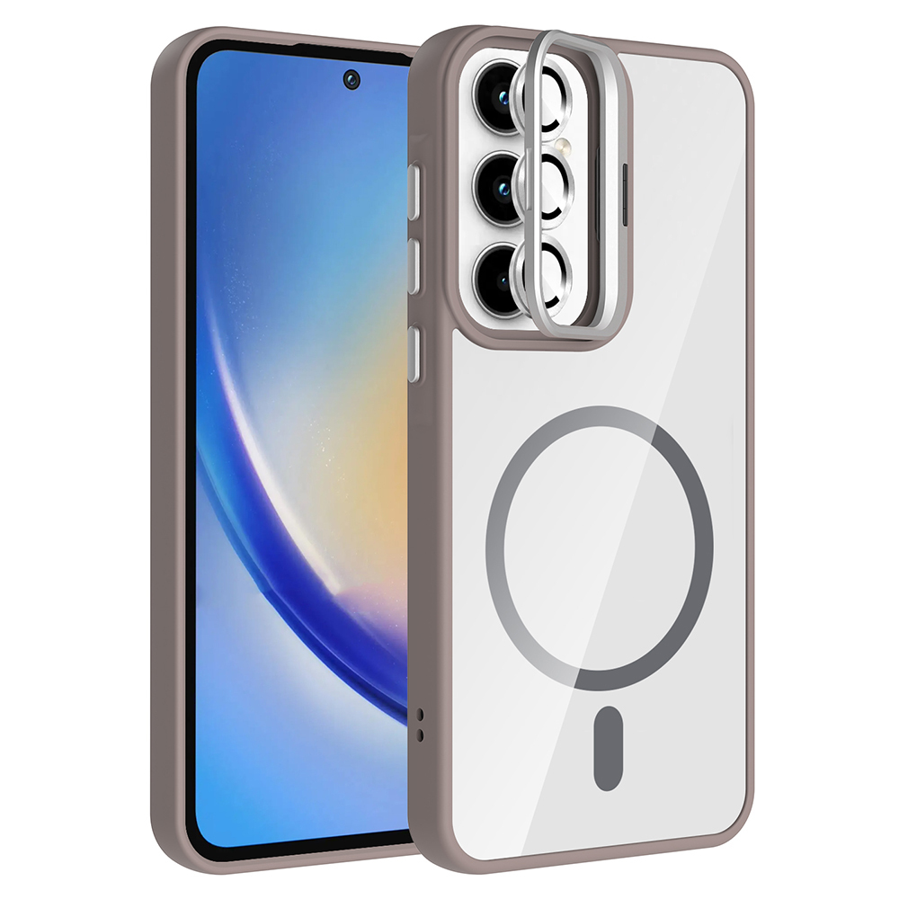 Galaxy Uyumlu A55 Kılıf Standlı ve Kamera Lens Hediyeli M-Safe Şarj Özellikli Zore Etro Kapak-Gri