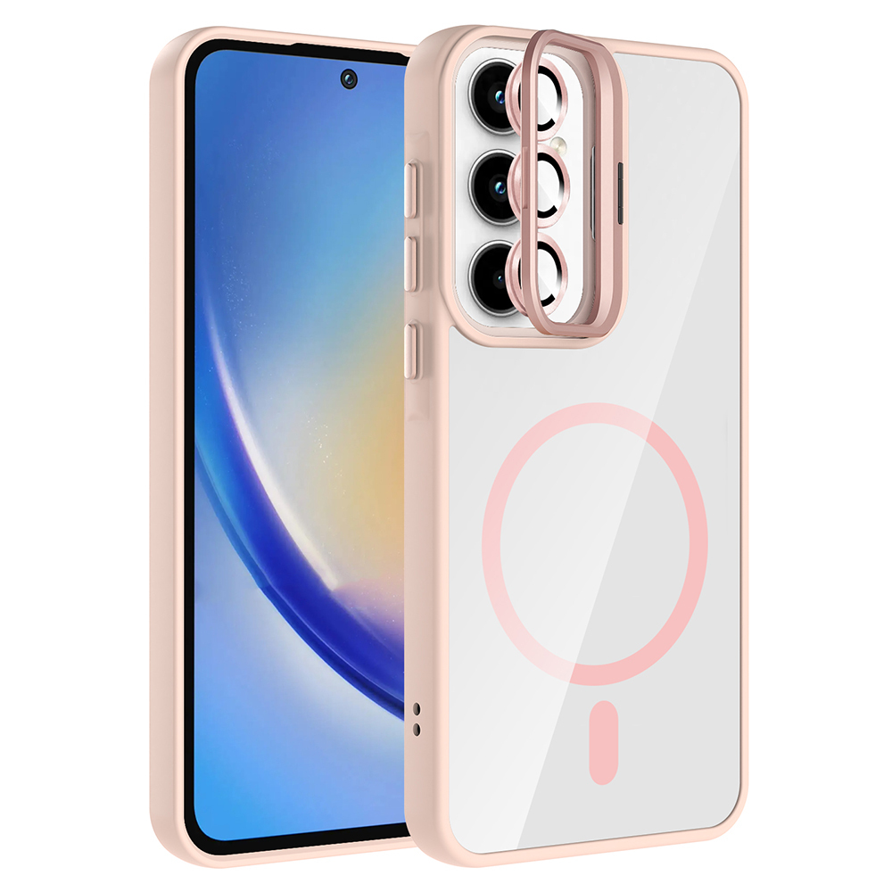 Galaxy Uyumlu A55 Kılıf Standlı ve Kamera Lens Hediyeli M-Safe Şarj Özellikli Zore Etro Kapak-Pembe