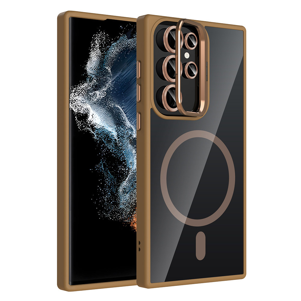 Galaxy Uyumlu S22 Ultra Kılıf Standlı ve Kamera Lens Hediyeli M-Safe Şarj Özellikli Zore Etro Kapak-Desert titanyum