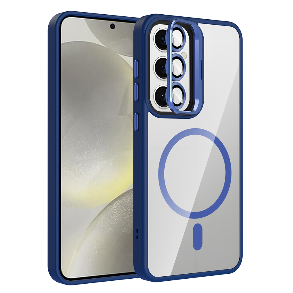 Galaxy Uyumlu S24 Kılıf Standlı ve Kamera Lens Hediyeli M-Safe Şarj Özellikli Zore Etro Kapak-Lacivert