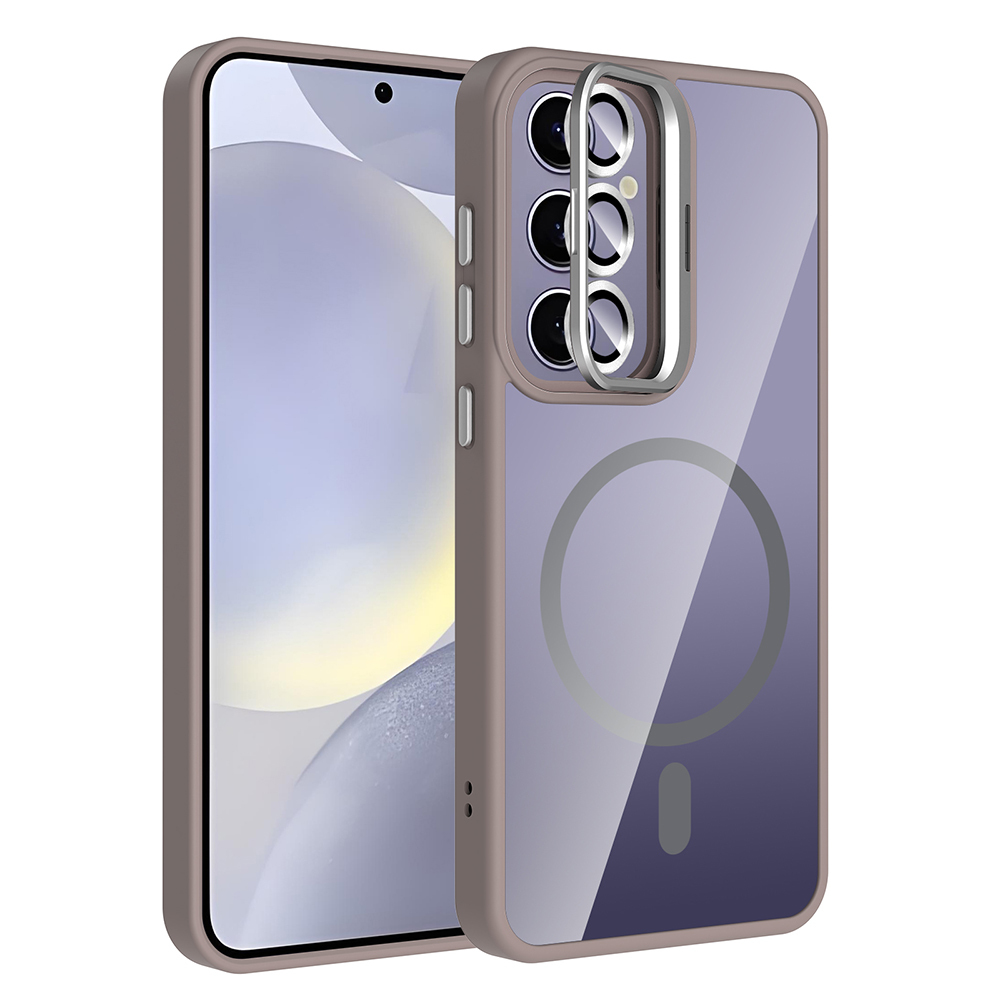 Galaxy Uyumlu S24 Plus Kılıf Standlı ve Kamera Lens Hediyeli M-Safe Şarj Özellikli Zore Etro Kapak-Gri