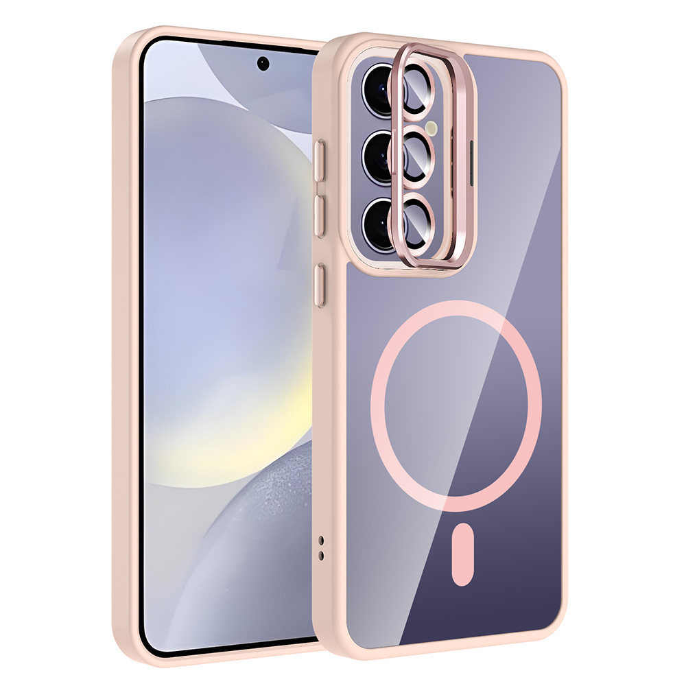 Galaxy Uyumlu S24 Plus Kılıf Standlı ve Kamera Lens Hediyeli M-Safe Şarj Özellikli Zore Etro Kapak-Pembe