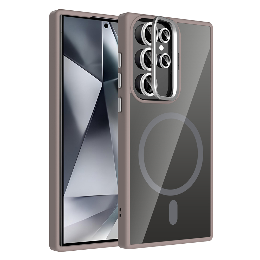 Galaxy Uyumlu S24 Ultra Kılıf Standlı ve Kamera Lens Hediyeli M-Safe Şarj Özellikli Zore Etro Kapak-Gri