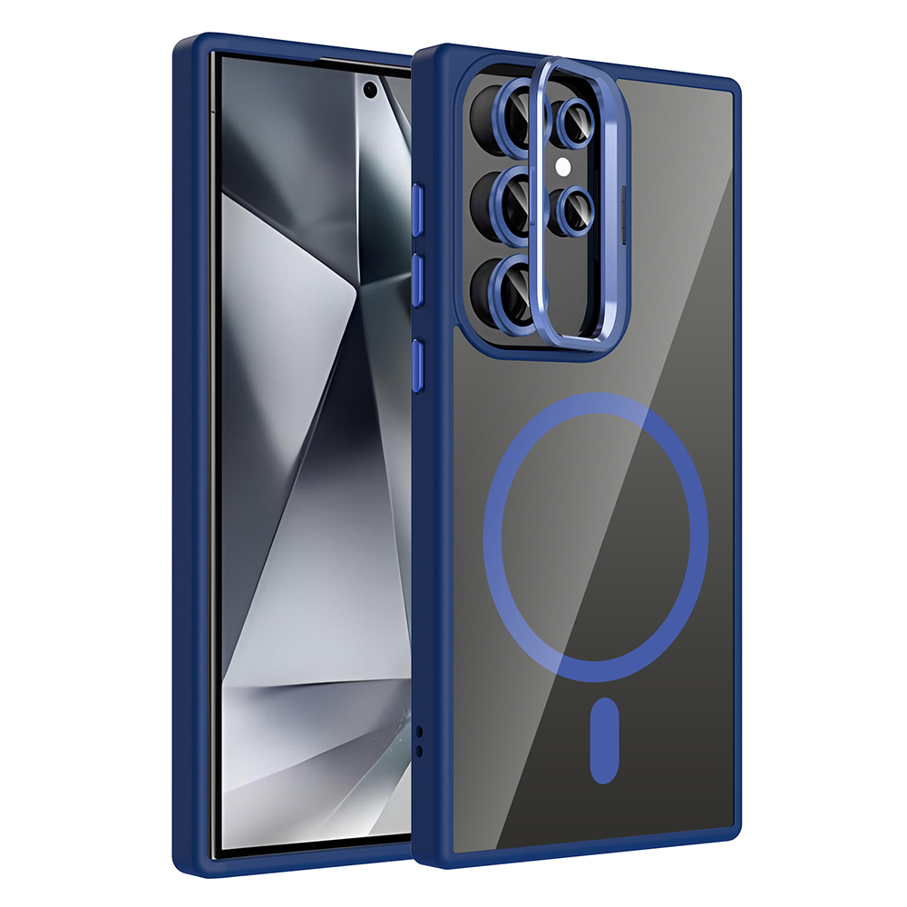 Galaxy Uyumlu S24 Ultra Kılıf Standlı ve Kamera Lens Hediyeli M-Safe Şarj Özellikli Zore Etro Kapak-Lacivert