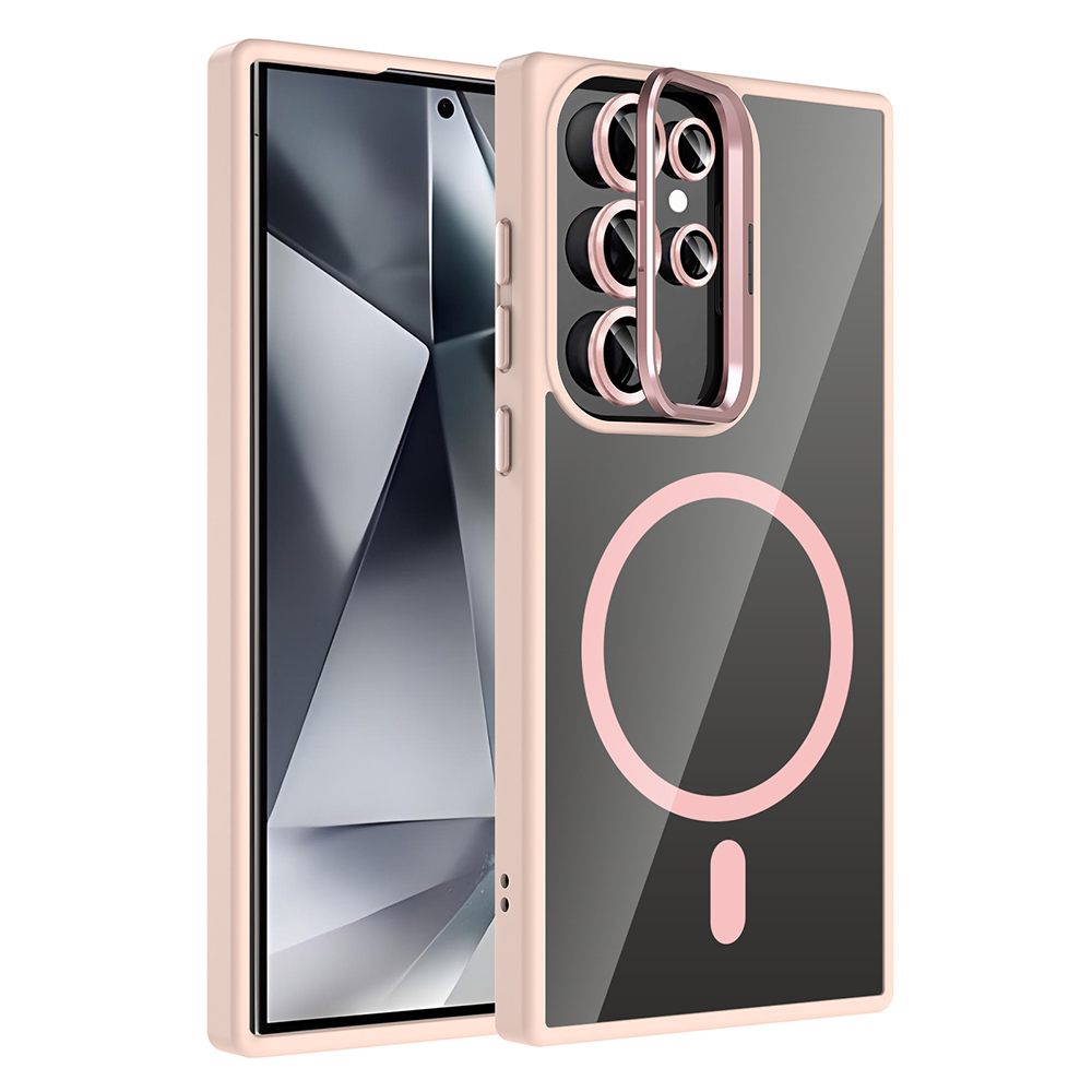 Galaxy Uyumlu S24 Ultra Kılıf Standlı ve Kamera Lens Hediyeli M-Safe Şarj Özellikli Zore Etro Kapak-Pembe