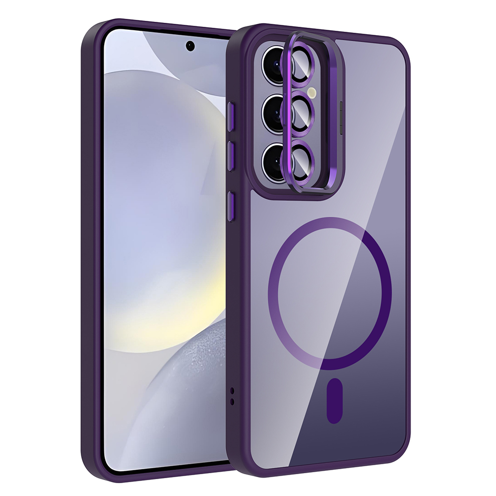 Galaxy Uyumlu S25 Plus Kılıf Standlı ve Kamera Lens Hediyeli M-Safe Şarj Özellikli Zore Etro Kapak-Derin mor