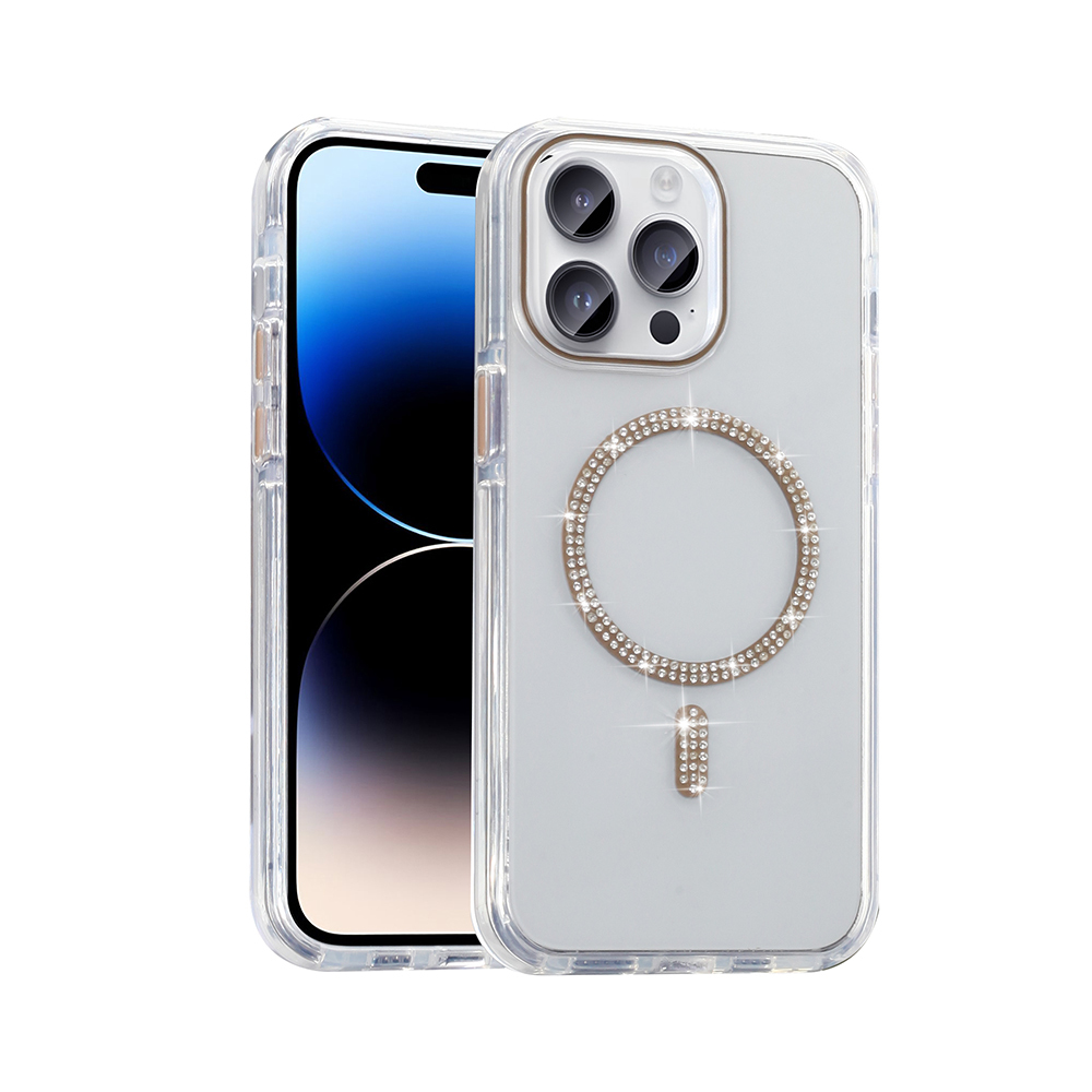 iPhone Uyumlu 14 Pro Max Kılıf Taşlı Tasarım M-safe Şarj Özellikli Zore Koment Silikon Kapak-Gold