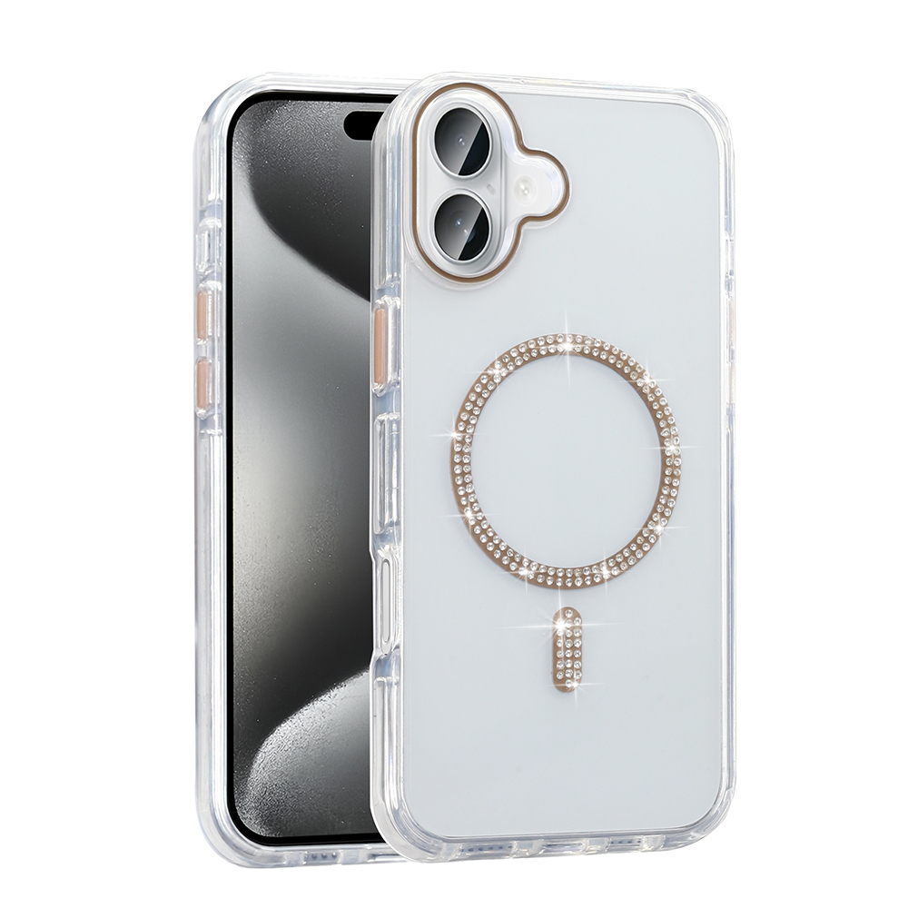 iPhone Uyumlu 16 Pro Kılıf Taşlı Tasarım M-safe Şarj Özellikli Zore Koment Silikon Kapak-Gold